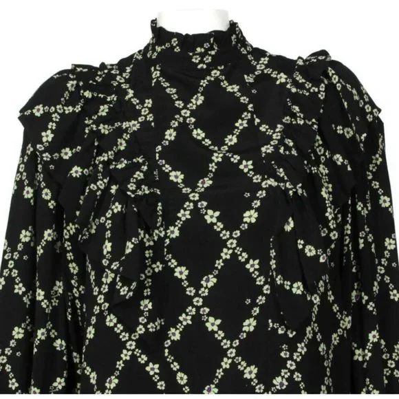 NWT GANNI Crepe Floral Print Mini Dress in Black Margarita Ruffle  sz 36 /655 - Picture 9 of 10